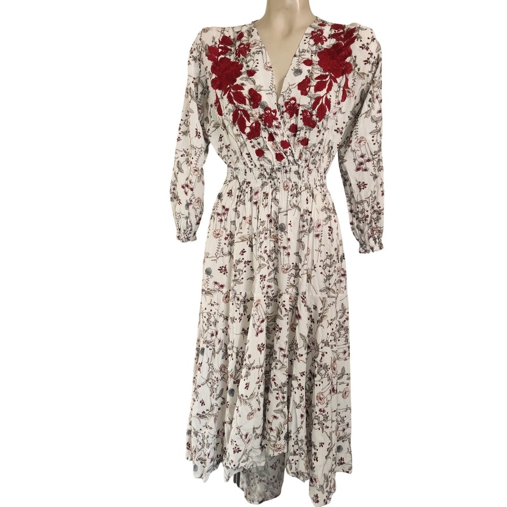 Ana Camila Floral Embroidered V-Neck Smocked Midi Dress Cream Red Large PVW42